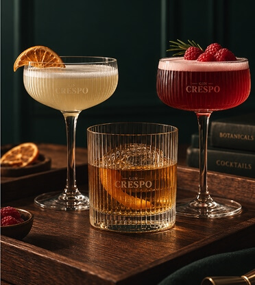 CRESPO gin cocktails in branded glassware